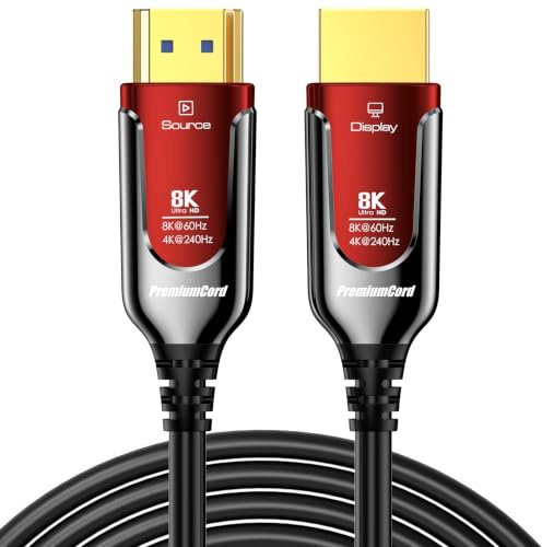 PREMIUMCORD 8K Cavo in Fibra Ottica HDMI 2.1, Velocità Ultra Elevata 48 Gbit/s, 3D, EDID, ARC, HDR, Risoluzione 8K@60Hz 4320p, 4K@240Hz, Compatibile con PS5, Xbox Series X, PC, TV, Placcato Oro, 5 m