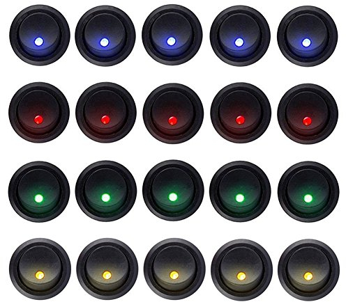 Carviya Lot de 20 interrupteurs LED ronds à bascule 5 bleus + 5 rouges + 5 verts + 5 oranges pour voitures, camions, voitures de course, camping-cars, camions lourds, véhicules tout-terrain et autres