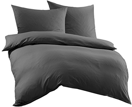 Bettwaesche-mit-Stil Mako-Satin Damast Streifen Bettwäsche Linea 4mm 100% Baumwolle gestreift (200cm x 200cm + 2X 80cm x 80cm, Anthrazit)