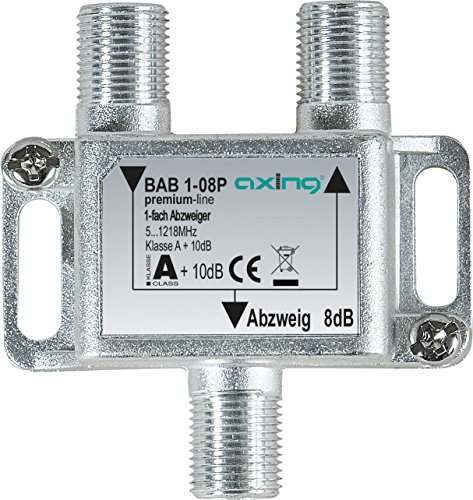 Axing BAB 1-08P 1-fach Abzweiger 8dB Kabelfernsehen CATV Multimedia DVB-T2 Klasse A+, 10dB, 5-1218 MHz metall