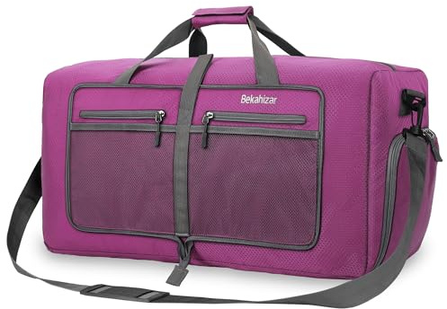 Bekahizar 60L Foldable Duffle Bag Large Lightweight Packable Travel Weekend Duffel with Shoe Compartment and Shoulder Strap for Luggage, Gym, Sport, Camping, Storage, Shopping (Purple)