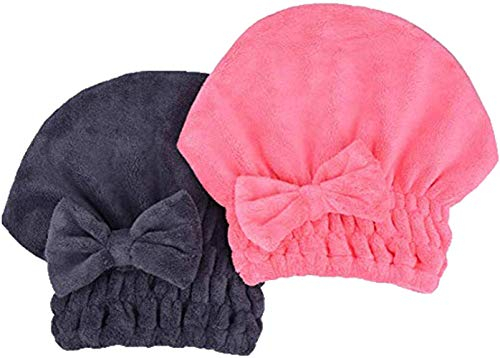 MAYOUTH Mikrofaser Turban Handtuch Set für Haar schnell trocken, 2 Stücke Kopfhandtuch Haarturban mit Schleife für Damen & Kinder, Schwarz & Rosa