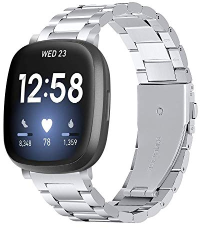 TenCloud Armbänder Kompatibel mit Fitbit Versa 3/Sense Armband, Metall Edelstahl Armband Business Band für Damen Herren (Silber)
