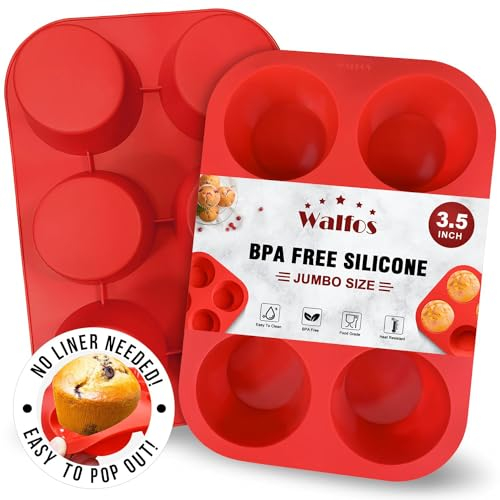 Walfos Texas Lot de 2 moules à muffins en silicone - 6 tasses Jumbo antiadhésives - Facile à démouler - Parfait pour les œufs muffins et les gros cupcakes - Sans BPA et passe au lave-vaisselle