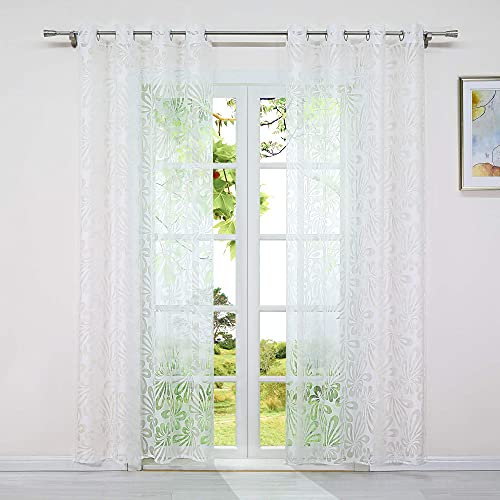 HeichkelL Gardine mit Ösen Ausbrenner Blumen-Muster Voile Vorhänge für Wohnzimmer Ösenschals Fensterdekoration 1 Stück 140x175 cm (BxH) Weiß