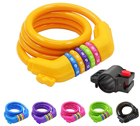 GOLDPOOL Fahrradschloss für Kinder, Zahlen-Code-Kombination-Kabel-Schloss, bunt, 120 cm x ∅12mm Stahlseil ummantelt (Orange)