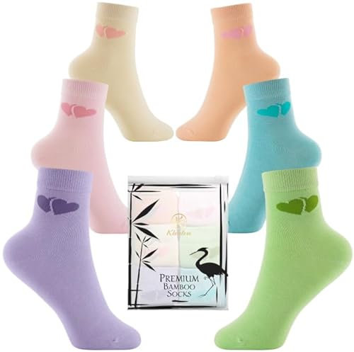 6 Paar Bambussocken für Mädchen Knöchelhoch, atmungsaktive süße Kindersocken mit Herz-Muster, glatte Zehennähte, umweltfreundliche Verpackung, Mädchensocken 6er-Pack, EU-Größe 31-36 (Mehrfarbig)