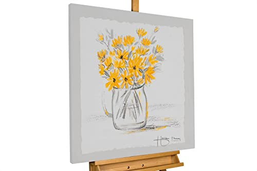 KunstLoft Leinwandbild | 100% HANDGEMALT | 40x40cm | Gemälde 'Sonnige Blüten' | Blüten | Grau Gelb | Wandbild Wohnzimmer