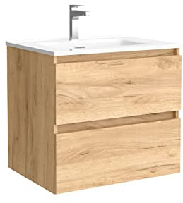 Salgar Mueble de baño Bequia 60 cm con Lavabo 100% montado de fábrica | Acabado Roble suspendido 2 cajones Cierre amortiguado Apertura con uñero | Lavabo Porcelana Blanca | Marca