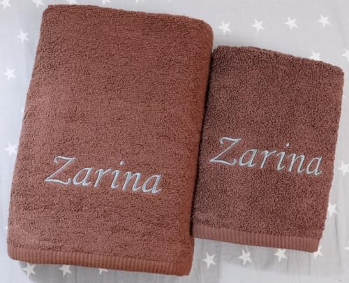 ★ Handtücher Set 2-TLG. - Duschtuch 70x140 + Handtuch 50x100 mit Namen Bestickt ★ Geschenk ★ Badetuch ★ 500 g/m2 ★ 100% Baumwolle ★ SUPER QUALITÄT ★ (2-TLG. - 70x140 cm + 50x100 cm, Braun)