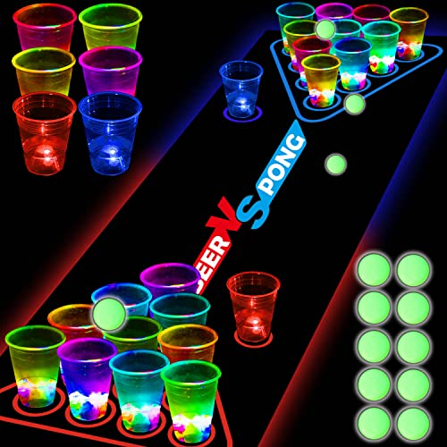noveltymeme Glow in The Dark Beer Pong Table Mat, Drinking Game Pong Game with Party Cups, Glow Pongs for Indoor Outdoor Party Game Party Supplies Decoration Flashing&Red&Blue