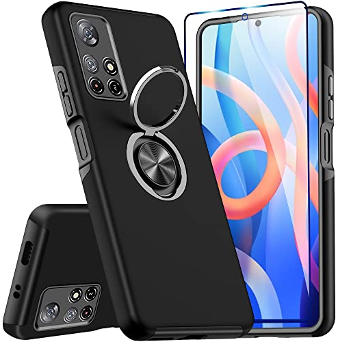 KRAFTCARE Hülle für Xiaomi Redmi Note 11/11s 4G mit 1 Pack Panzerglas Schutzfolie, Hülle mit Eingebetteter 360° Grad Ring, Magnetische Schutzhülle Stoßfest Cover Case für Redmi Note 11/11s,Schwarz