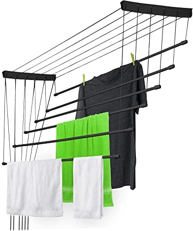KADAX Etendoir a Linge au Plafond avec Tiges en Acier, Pratique Systeme de Sechage Suspended pour Maximiser l'espace Interieur (Noir, 6 x 130 cm)