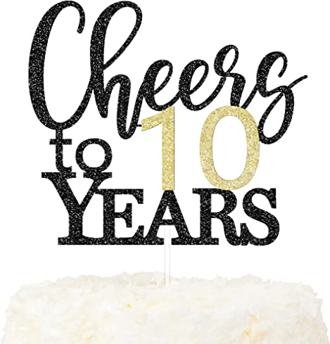 LOVENJOY Cheers to 10 Years Cake Topper Hallo 10. Geburtstag Tortendeko für Happy 10th Birthday Hochzeitstag Party Kuchen Dekoration, Zweiseitiger Glitzer Schwarz und Gold
