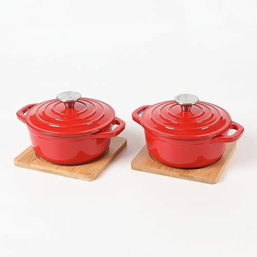 HAWOK Juego de 2 cuencos de pan de hierro fundido esmaltado, mini horno holandés, color rojo