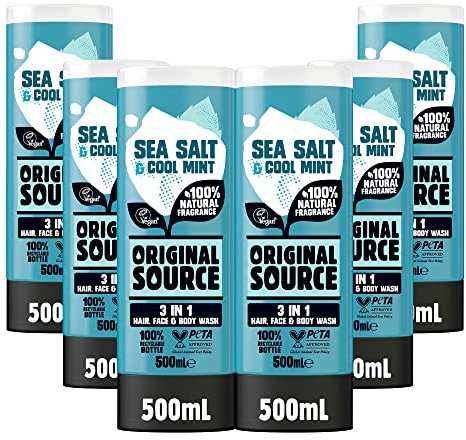 Original Source Mens 3in1 Sea Salt & Cool Mint Shower Gel, 100 Percent Natural Fragrance, Vegan, Cruelty Free, Paraben Free, Bulk Buy, Pack of 6 x 500 ml