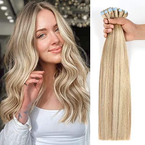JESSBO Tape in Extensions Echthaar #P18/613 Aschblond mit Bleichblond 40cm 20 Stück Invisible Seidig Gerade Remy haar echthaar haarverlängerung echthaar invisible tape extensions (50g/Packung)