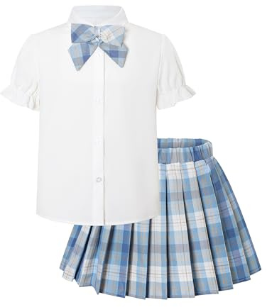 Betusline Mädchen JK Uniform Outfit Hemd mit Schleife & Faltenrock, 4T-16Y | Dehnbare elastische Taille plus integrierte Sicherheitsshorts für sorgenfreies Spielen.
