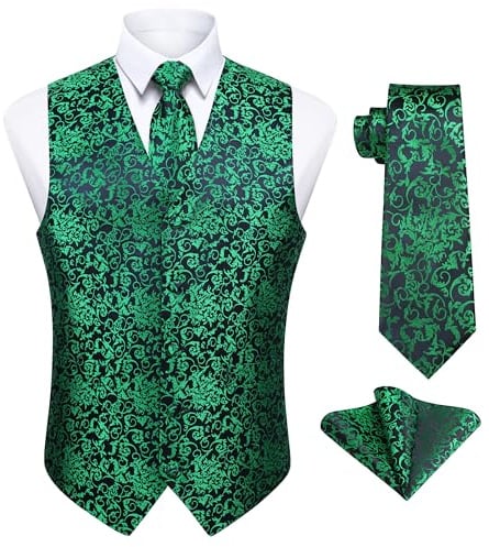 Enlision Gilet Costume Vert Homme Mariage Paisley Ensemble de Cravate et Pochette Jacquard Gilets sans Manche pour Fête 3XL