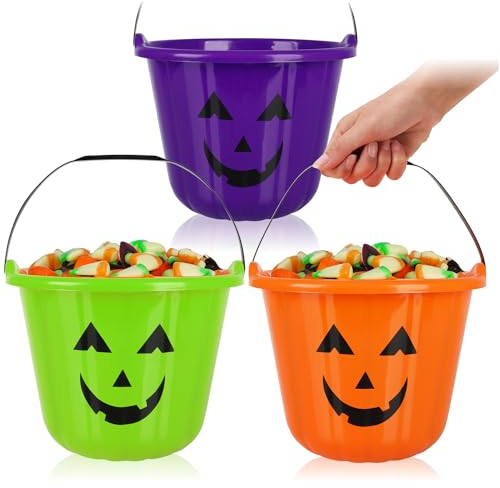 com-four® 3X Halloween Kürbis Eimer - Candy Bag, Kunststoff-Eimer im Kürbis Design zum Sammeln von Süßigkeiten - Sammeltasche mit Henkel für Halloween Süßigkeiten