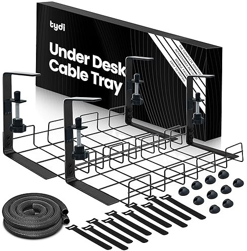 Tydi Under Desk Cable Management - 2X Trays, 40 cm Long, Black Plastic, Screw-In, Classic Style