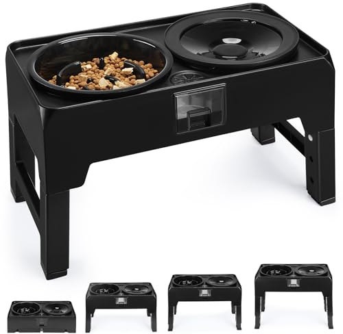 PETTOM Fressnäpfe für Hunde Hundenapf Erhöhter 4 Höhenverstellbar mit 1 Wasserschale von 2100 ml und 1 Slow Food Bowl Hundenapf für Grosse Hunde Schwarz