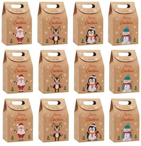 12 Pcs Gift Boxes for Christmas Small Xmas Kraft Paper Boxes Christmas Sweet Boxes Party Paper Bags for Candy Chocolate Favors