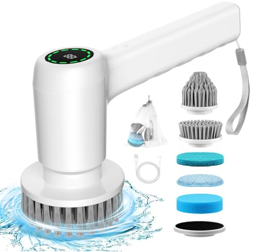 Brosse de Nettoyage électrique, Handheld Spin Scrubbe, avec 5 têtes de Brosse, 2 Vitesses, Affichage LED, Brosse sans Fil pour Nettoyage Baignoire, Cuisine, carrelage, fenêtre, Baignoire