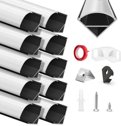 HOMMAND LED Profil 45 Grad, LED Aluminium Profil V-Form 10m, LED Leisten in Aluprofil mit Eckverbinder, Klebstoff, Endkappen und Montageclips, LED Streifen Kanal und Diffusor, LED Kanal 10 x 1m/3,3ft