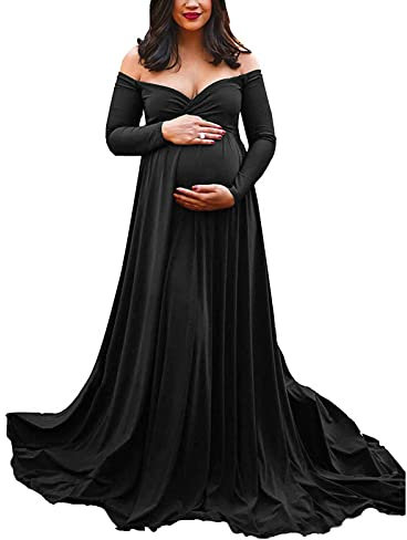 Robe de maternité à manches longues pour femme enceinte - Robe de princesse unie - Accessoires photo - Robe de maternité à manches longues - Grande taille, Noir , L