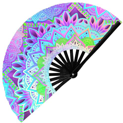 GloFX UV Glow Mandala Rave Handheld Fan - Teal, Pink, Purple & Green Design - Large Folding Fan for Festival Fashion, Essential Rave Accessories for Women, Foldable Hand Fan for Music Festival Outfits