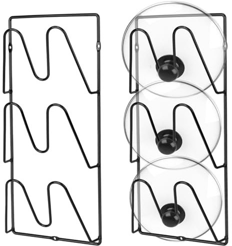QWORK® 3-Tier pan lid holder, Pot Lid Organizer Rack, Black Rustproof Holder for Kitchen Storage, Adhesive & Screw Mount