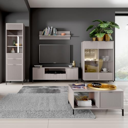 Lomadox Wohnzimmer Set Wohnwand Anbauwand Kaschmir beige 5-teilig modern Vitrine Wandregal Lowboard Highboard Couchtisch
