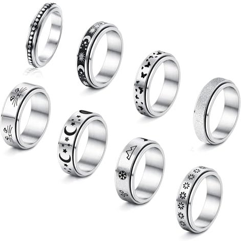 JeweBella 8 Stück Ring Set für Damen Herren Hypoallergen Edelstahl Ring Blume Moon Star Ringe Band Ringe für Frauen Männer Größe 52-65