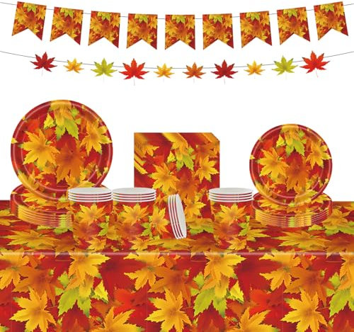 82P Thanksgiving Party Tableware Decorations,Autumn Maple Paper Cups Napkins Plates Fall Maple Leaves Table Cloth,Harvest Banner Orange Paper Dinnerware for Autumn Party Harvest Dining Supplies