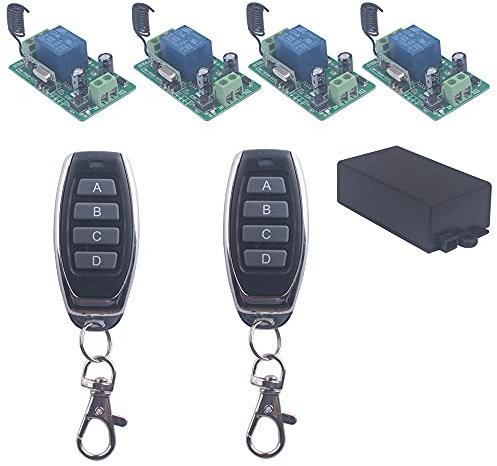 DC 12V 10A Relay Switch 1CH Wireless Remote Control Switch 433MHz Transmitter Receiver Momentary/Toggle Switch 12V Opener garage door keypad Universal wireless ON OFF (4 Receivers and 2 Transmitters)