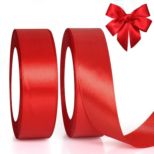 GXFCING Geschenkband Rot 25mm Breit, 46 Meters Satinband Schleifenband Rotes Ribbon für Geschenkverpackung, Bastelarbeiten, Weihnachten, Geburtstag, Taufe, Hochzeit