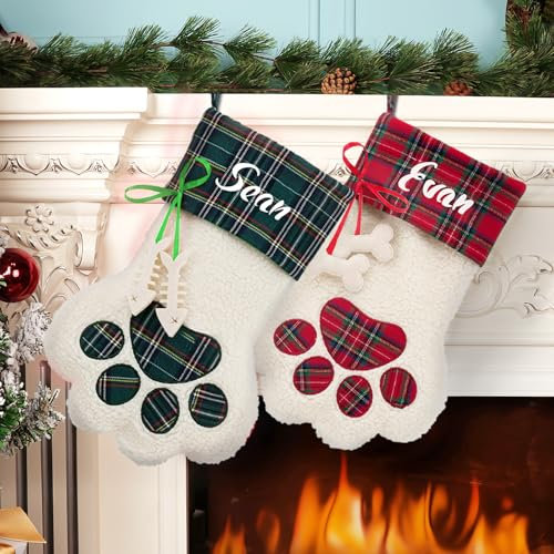 Youltar Personalisierte Weihnachtsstrümpfe, 43,2 cm, personalisierbar, Weihnachtsstrümpfe mit Namen, Haustier, Katze, Hund, Pfote, Weihnachtsstrumpf für Kinder, Familie, Kamin, Weihnachten, Urlaub,