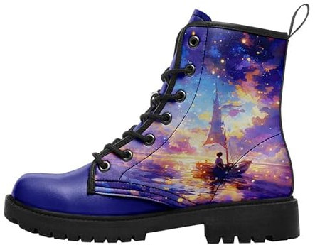 Stivali invernali da donna, stivali da combattimento, impermeabili, con lacci, con plateau, in pelle, comodi ed eleganti, con motivo notte stellata, Stella viola, 39 1/3 EU