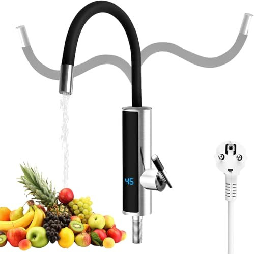 Agrdeed Robinet de cuisine avec chauffe-eau instantane - 3000 W - Pivotant 360 - En acier inoxydable - Chauffe-eau electrique - Avec affichage de la temperature LED