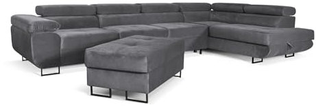 SOFILAND Aller Lang XL Modernes Design Ecksofa mit Schlaffunktion, Bettkasten in Ottomane, Hocker mit Stauraum – Tierfreundlicher Waterproof-Welvet, inkl. 2 runde Kissen, Ottomane rechts. (Grau)