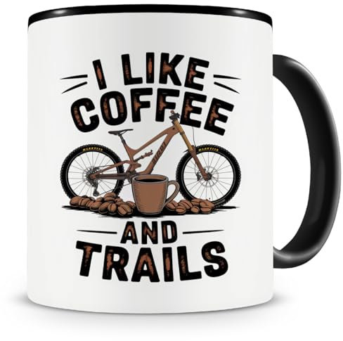 Samunshi® Mountainbike Tasse mit Spruch I Like Coffee And Trails Geschenk für Downhill Fahrer und Biker Fans Kaffeetasse Biker Tassen zum Geburtstag Fahrrad Mountainbike 300ml schwarz