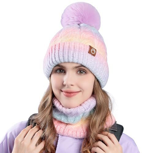 WANYIG Mütze Damen Winter Beanie Schal Set Warm Wintermütze Strickmütze mit Schal Herbst Mütze und Schal set mit bommel/Weichem Fleece Innenfutter(Farbverlauf Gelb)