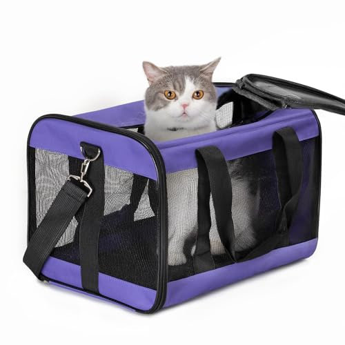 Conlun Katzenboxe Flugzeugtauglich, Weichseitige Hundetransportbox mit Innenleine, Transport für kleine bis mittelgroße Katzen und Welpen bis 7 kg, Zusammenklappbare Reisetasche -Lila,M
