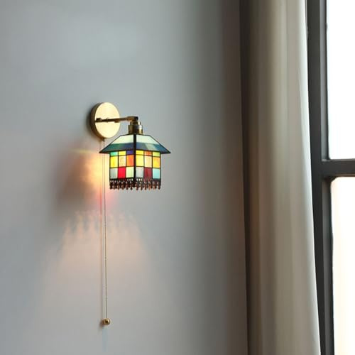 LOGT Vintage Wall Lamp Tiffany with Switch Wall Light Brass Retro Deco Bedside Lamp Handmade Stained Glass Shade Wall Lighting Tiffany Glass Lantern with Pull Cord Switch for Living Room Hallway