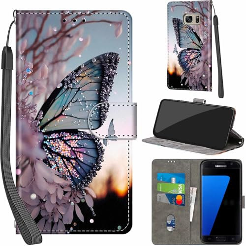 Handyhülle für Samsung Galaxy S7 Hüllen Premium Leder Case Klappbar Wallet Magnet Kartenfach Standfunktion Schutzhülle kompatibel mit Samsung S7 Cover,Schmetterling