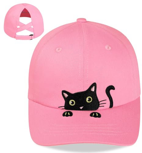 Baseballkappe für Kinder, Mädchen, niedliche Katze, bestickt, für Kleinkinder, verstellbarer Pferdeschwanz, für Katzenliebhaber, Geschenke, 3–8 Jahre, Pink, 3-8 Jahre