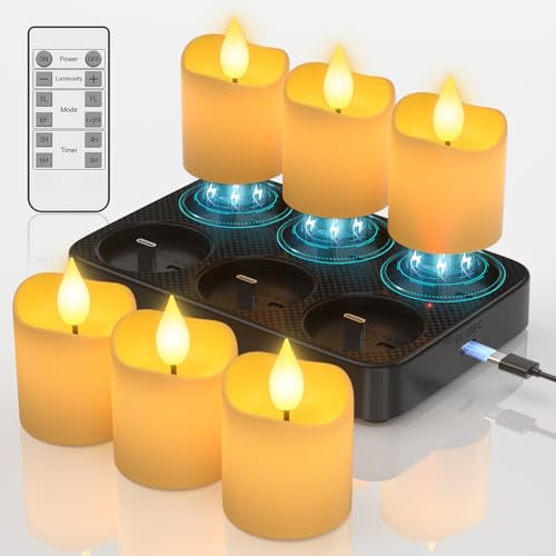 SoulBay 6er LED Teelichter Wiederaufladbar mit Fernbedienung & Ladestation | Timer, D 3,8 cm x H 5,8cm, Flackernd, Dimmbar, Teelichter LED Aufladbar Elektrische Kerzen, Zimmer Halloween Weihnachtendeko