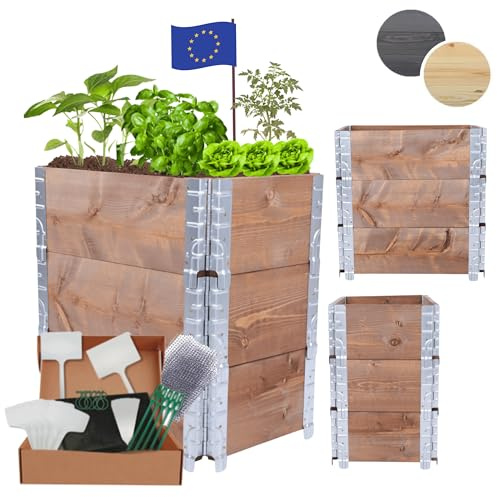 MODO24 Hochbeet Holz, Kräuterbeet, Gartenbeet, Pflanzbeet, Blumenbeet, Gemüsebeet, Blumenkiste, für Garten und Terrasse, Kiefernholz, Massivholz, Abmessungen 60x60x40 cm, Farbe: Braun