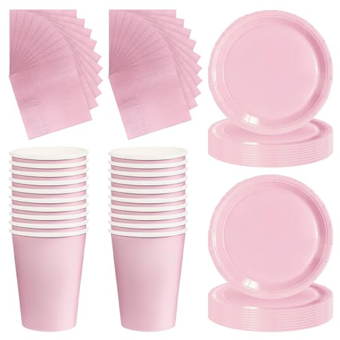 Platos de papel rosa, juego de vajilla de fiesta de 60 piezas, juego de vajilla de color sólido, vasos de papel y servilletas, platos para boda, picnic, barbacoa (rosa)